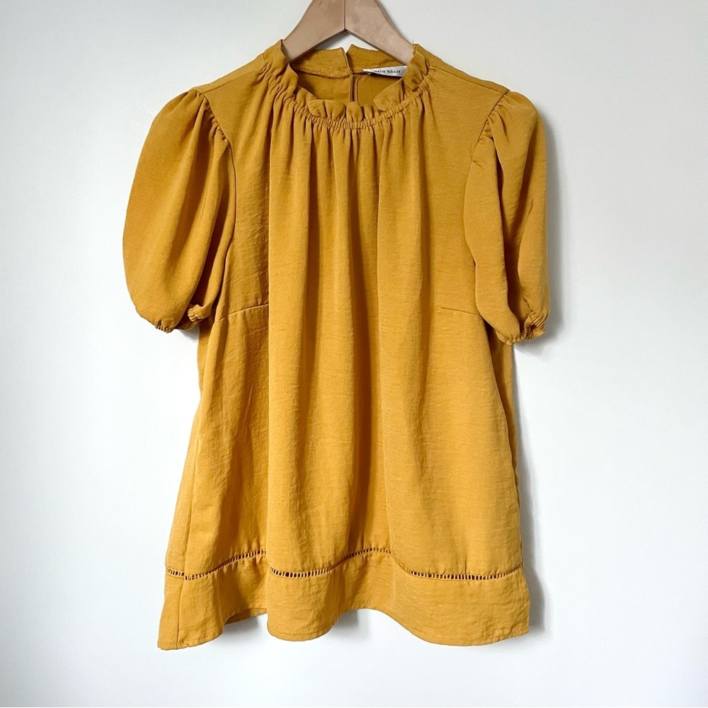 Erin Blair Puff Sleeve High Neck Bohemian Blouse in Mustard Yellow Size L